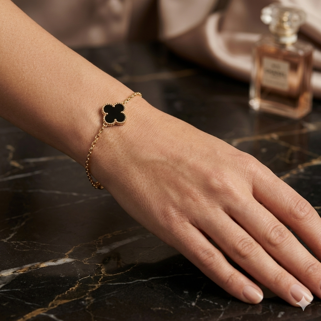 Bracelet Noir Trèfle Nacre "Signature" – Acier Inoxydable Premium